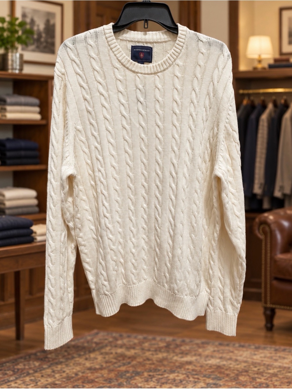 Saddlebred size large NWT cable knit white sweater